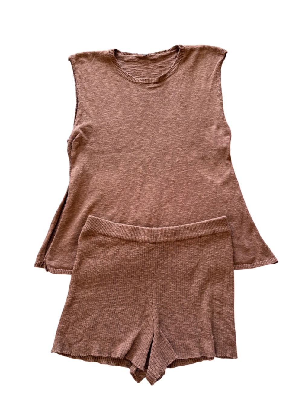 Brown Knit Lounge Tunic Top & Shorts Matching Set Neutral Boho Size XL